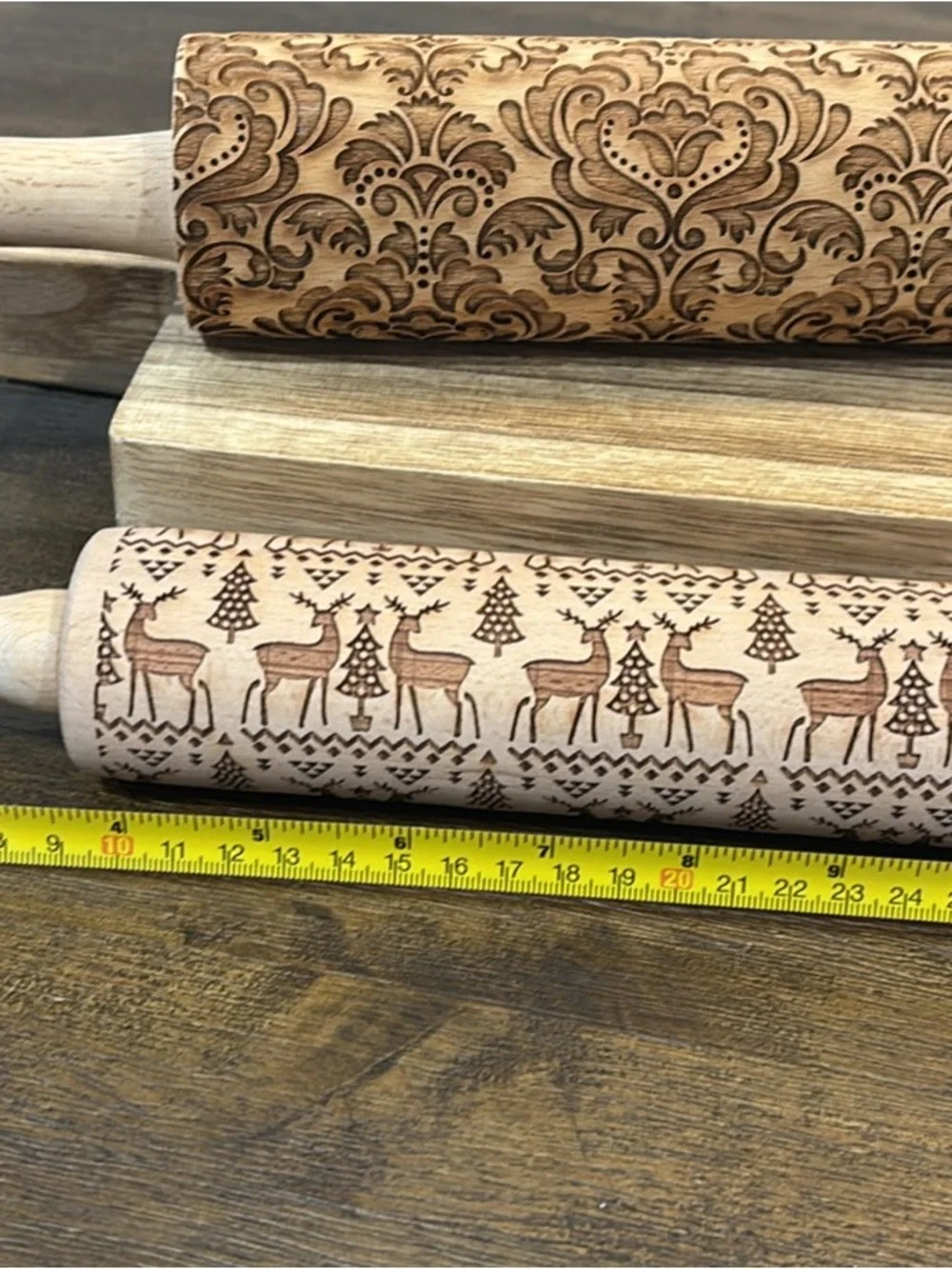 2 Engraved Patterned Rolling Pins - Wood Carved Designs